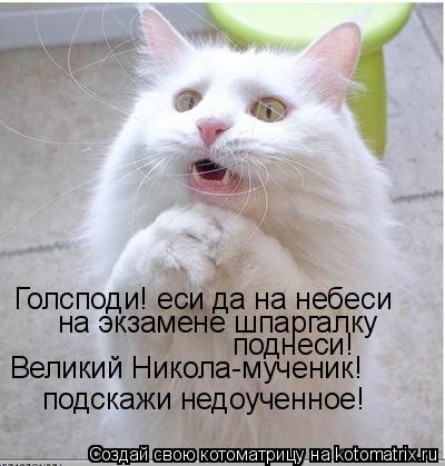 Голсподи! еси да на небеси на экзамене шпаргалку поднеси! Великий Никола-мученик! подскажи недоученно... Котоматрица: Голсподи! еси да на небеси на экзамене шпаргалку поднеси! Великий Никола-мученик! подскажи недоученное!