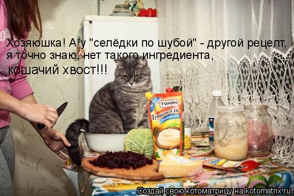 Котоматрица: Хозяюшка! А у "селёдки по шубой" - другой рецепт, я точно знаю, нет такого ингредиента, кошачий хвост!!!