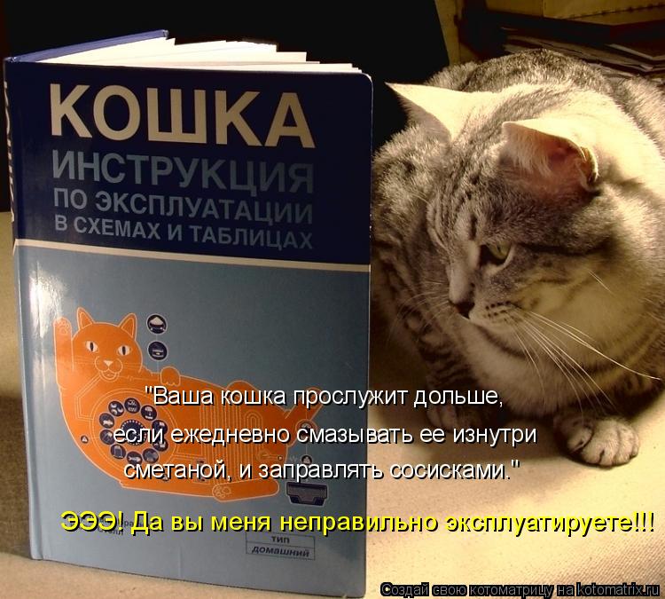"Ваша кошка прослужит дольше, если ежедневно смазывать ее изнутри сметаной, и заправлять сосисками.... Котоматрица: "Ваша кошка прослужит дольше, если ежедневно смазывать ее изнутри сметаной, и заправлять сосисками." ЭЭЭ! Да вы меня неправильно эксплуати
