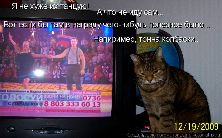 Котоматрица: Я не хуже их танцую! А что не иду сам... Вот если бы там в награду чего-нибудь полезное было... Напиример, тонна колбаски...