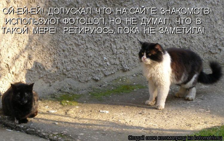 Котоматрица: ОЙ-ЕЙ-ЕЙ!  ДОПУСКАЛ  ЧТО  НА САЙТЕ  ЗНАКОМСТВ ИСПОЛЬЗУЮТ ФОТОШОП, НО  НЕ  ДУМАЛ,  ЧТО  В ТАКОЙ  МЕРЕ!   РЕТИРУЮСЬ, ПОКА  НЕ  ЗАМЕТИЛА!