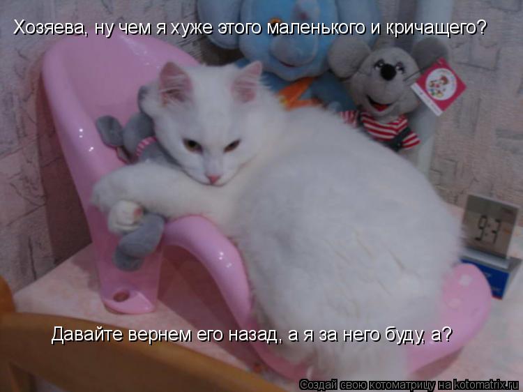 Котоматрица: Хозяева, ну чем я хуже этого маленького и кричащего? Давайте вернем его назад, а я за него буду, а?
