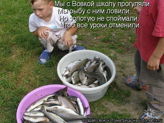 Котоматрица: Мы с Вовкой школу прогуляли. Мы рыбу с ним ловили Но золотую не споймали, Чтоб все уроки отменили.