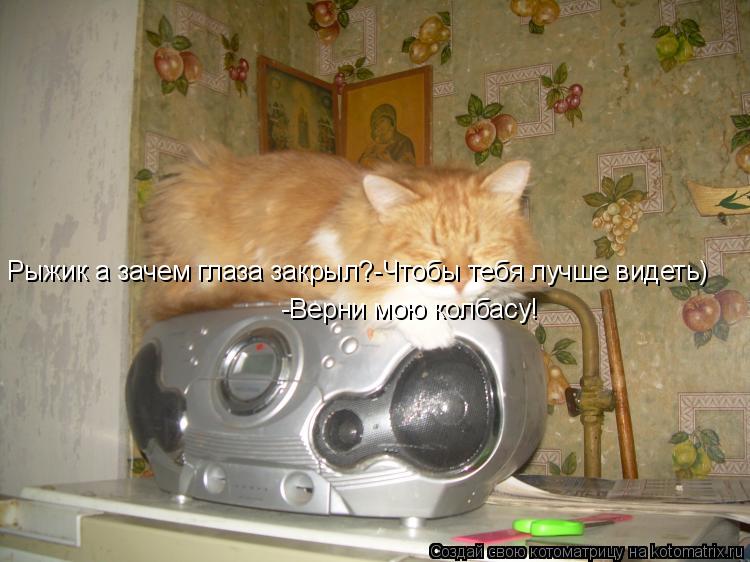 Котоматрица: -Верни мою колбасу! Рыжик а зачем глаза закрыл?-Чтобы тебя лучше видеть)