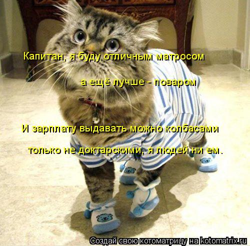 Капитан, я буду отличным матросом а ещё лучше - поваром И зарплату выдавать можно колбасами только не... Котоматрица: Капитан, я буду отличным матросом а ещё лучше - поваром И зарплату выдавать можно колбасами только не доктарскими, я людей ни ем.