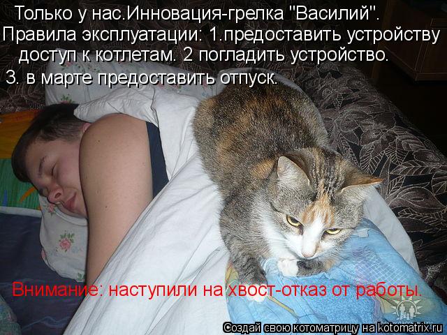 Котоматрица: Только у нас.Инновация-грелка "Василий". Правила эксплуатации: 1.предоставить устройству  доступ к котлетам. 2 погладить устройство. 3. в март