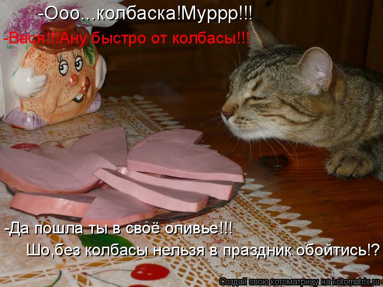 -Ооо...колбаска!Муррр!!! -Вася!!!Ану быстро от колбасы!!! -Да пошла ты в своё оливье!!! Шо,без колбас... Котоматрица: -Ооо...колбаска!Муррр!!! -Вася!!!Ану быстро от колбасы!!! -Да пошла ты в своё оливье!!! Шо,без колбасы нельзя в праздник обойтись!?
