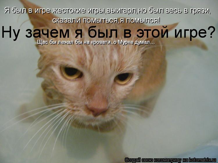 Я был в игре жестокие игры,выигарл,но был весь в грязи, сказали помыться,я помылся! Ну зачем я был в ... Котоматрица: Я был в игре жестокие игры,выигарл,но был весь в грязи, сказали помыться,я помылся! Ну зачем я был в этой игре? Щас бы лежал бы на кровати..о Му