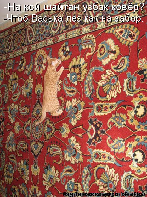 -На кой шайтан узбэк ковёр? -Чтоб Васька лез как на забор.... Котоматрица: -На кой шайтан узбэк ковёр? -Чтоб Васька лез как на забор.