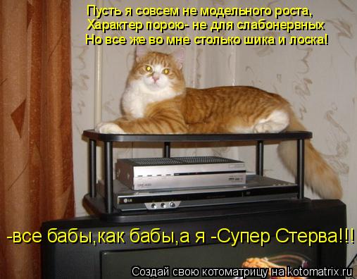 Пусть я совсем не модельного роста, Характер порою- не для слабонервных Но все же во мне столько шика... Котоматрица: Пусть я совсем не модельного роста, Характер порою- не для слабонервных Но все же во мне столько шика и лоска! -все бабы,как бабы,а я -Супер Ст