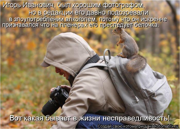 Котоматрица: Игорь Иванович, был хорошим фотографом,  но в редакции его давно подозревали  в злоупотреблении алкоголем, потому что он искренне признавал