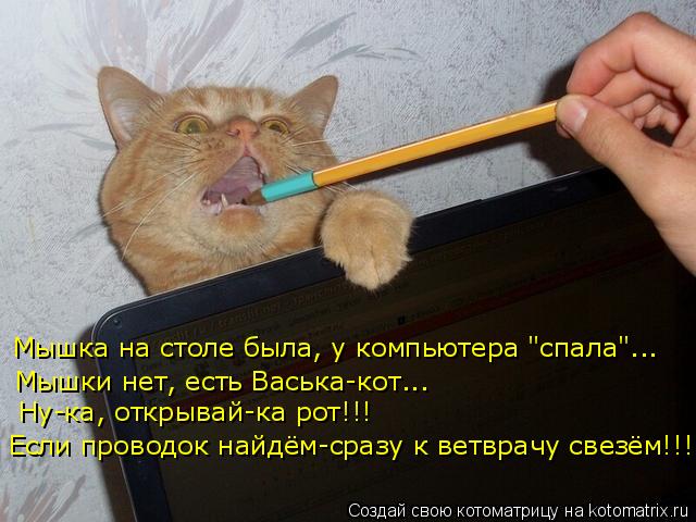 Мышка на столе была, у компьютера "спала"... Мышки нет, есть Васька-кот... Ну-ка, открывай-ка рот!!! ... Котоматрица: Мышка на столе была, у компьютера "спала"... Мышки нет, есть Васька-кот... Ну-ка, открывай-ка рот!!! Если проводок найдём-сразу к ветврачу свезём!!