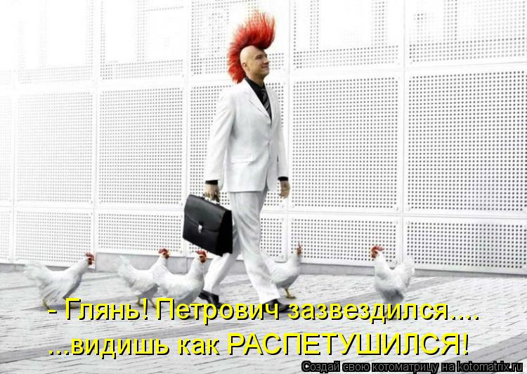 - Глянь! Петрович зазвездился.... ...видишь как РАСПЕТУШИЛСЯ!... Котоматрица: - Глянь! Петрович зазвездился.... ...видишь как РАСПЕТУШИЛСЯ!