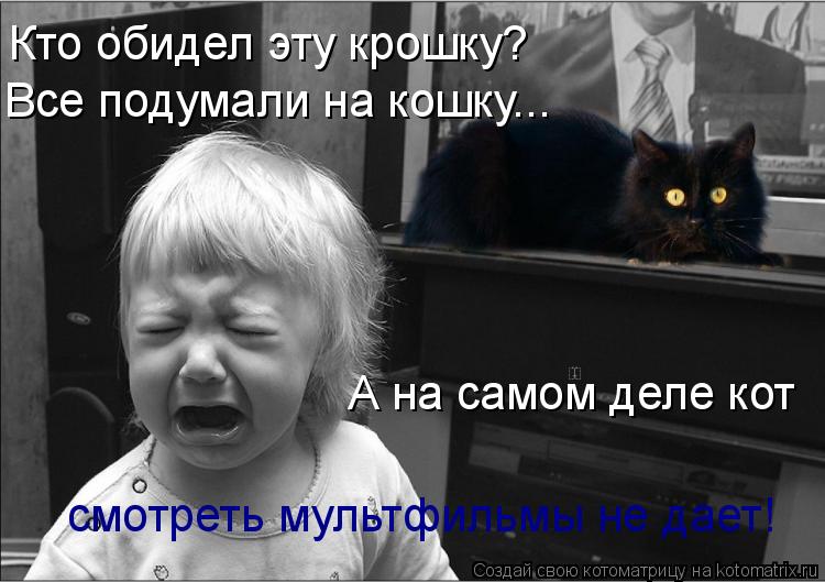 Котоматрица: Кто обидел эту крошку? Все подумали на кошку... А на самом деле кот смотреть мультфильмы не дает!