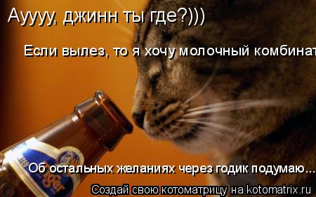Ауууу, джинн ты где?))) Если вылез, то я хочу молочный комбинат! Об остальных желаниях через годик по... Котоматрица: Ауууу, джинн ты где?))) Если вылез, то я хочу молочный комбинат! Об остальных желаниях через годик подумаю...