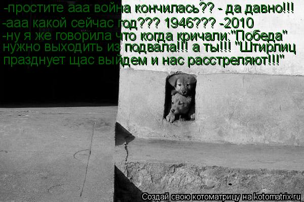 -простите ааа война кончилась?? - да давно!!! -ааа какой сейчас год??? 1946??? -2010 -ну я же говорил... Котоматрица: -простите ааа война кончилась?? - да давно!!! -ааа какой сейчас год??? 1946??? -2010 -ну я же говорила что когда кричали:"Победа" нужно выходить из по