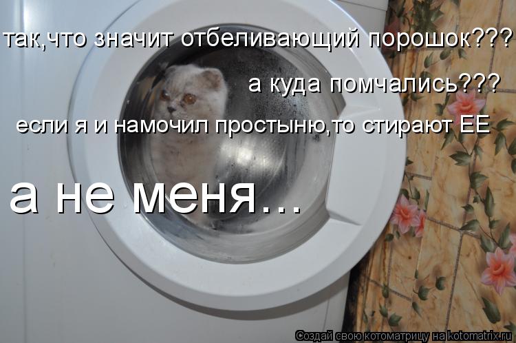 Котоматрица: так,что значит отбеливающий порошок??? а куда помчались??? если я и намочил простыню,то стирают ЕЕ а не меня...