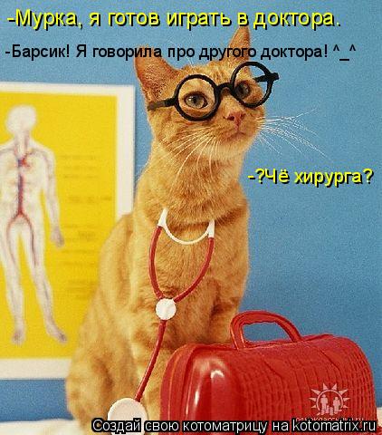 Котоматрица: -Мурка, я готов играть в доктора. -Барсик! Я говорила про другого доктора! ^_^ -?Чё хирурга?