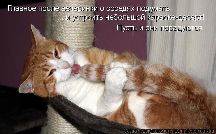 Котоматрица: Главное после вечеринки о соседях подумать ... и устроить небольшой караоке-десерт!  Пусть и они порадуются