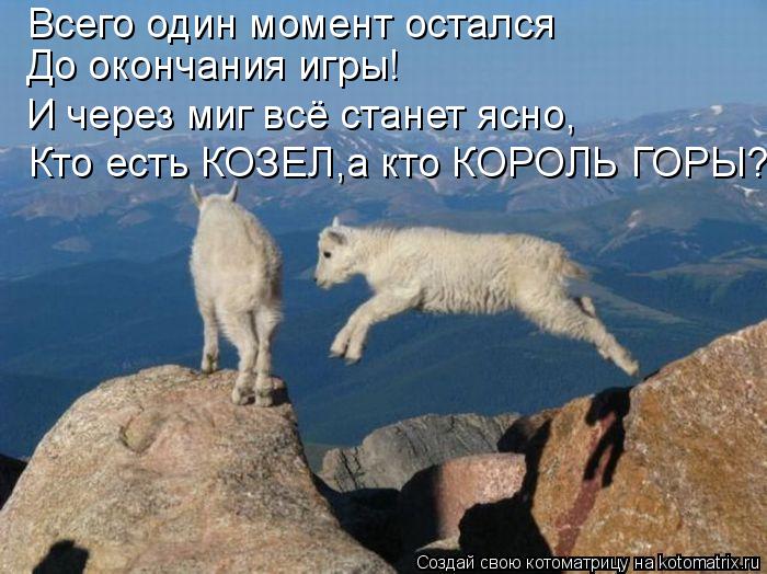 Всего один момент остался До окончания игры! И через миг всё станет ясно, Кто есть КОЗЕЛ,а кто КОРОЛЬ... Котоматрица: Всего один момент остался До окончания игры! И через миг всё станет ясно, Кто есть КОЗЕЛ,а кто КОРОЛЬ ГОРЫ?