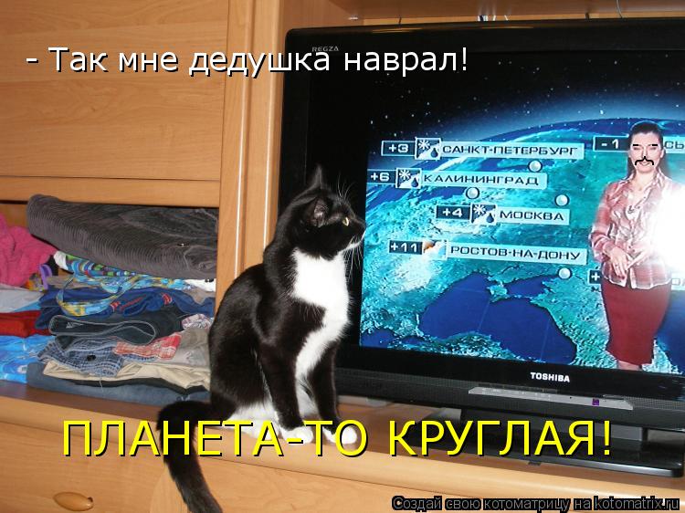 - Так мне дедушка наврал! ПЛАНЕТА-ТО КРУГЛАЯ! } - -... Котоматрица: - Так мне дедушка наврал! ПЛАНЕТА-ТО КРУГЛАЯ! } - -