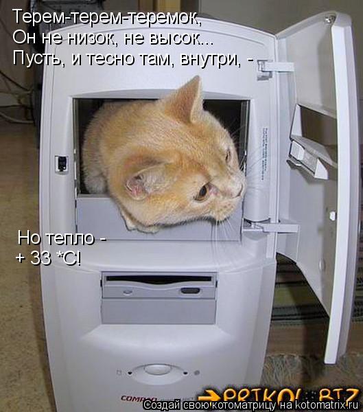 Терем-терем-теремок, Он не низок, не высок... Пусть, и тесно там, внутри, - Но тепло - + 33 *С!... Котоматрица: Терем-терем-теремок, Он не низок, не высок... Пусть, и тесно там, внутри, - Но тепло - + 33 *С!