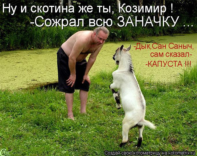 Ну и скотина же ты, Козимир ! -Сожрал всю ЗАНАЧКУ ... -Дык,Сан Саныч, сам сказал- -КАПУСТА !!!... Котоматрица: Ну и скотина же ты, Козимир ! -Сожрал всю ЗАНАЧКУ ... -Дык,Сан Саныч, сам сказал- -КАПУСТА !!!
