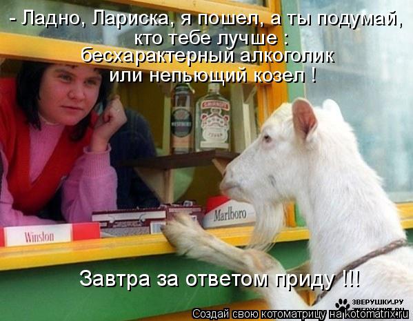 - Ладно, Лариска, я пошел, а ты подумай, кто тебе лучше : бесхарактерный алкоголик или непьющий козел... Котоматрица: - Ладно, Лариска, я пошел, а ты подумай, кто тебе лучше : бесхарактерный алкоголик или непьющий козел ! Завтра за ответом приду !!!