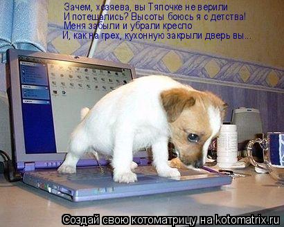 Зачем, хозяева, вы Тяпочке не верили И потешались? Высоты боюсь я с детства! Меня забыли и убрали кре... Котоматрица: Зачем, хозяева, вы Тяпочке не верили И потешались? Высоты боюсь я с детства! Меня забыли и убрали кресло И, как на грех, кухонную закрыли двер