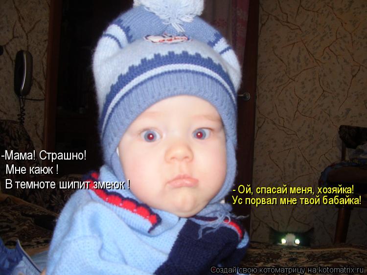 Ус порвал мне твой бабайка! - Ой, спасай меня, хозяйка! Мне каюк ! -Мама! Страшно! В темноте шипит зм... Котоматрица: Ус порвал мне твой бабайка! - Ой, спасай меня, хозяйка! Мне каюк ! -Мама! Страшно! В темноте шипит змеюк !
