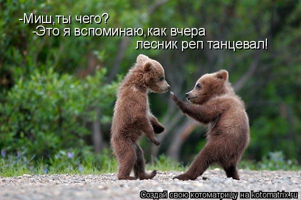 -Миш,ты чего? -Это я вспоминаю,как вчера лесник реп танцевал!... Котоматрица: -Миш,ты чего? -Это я вспоминаю,как вчера лесник реп танцевал!