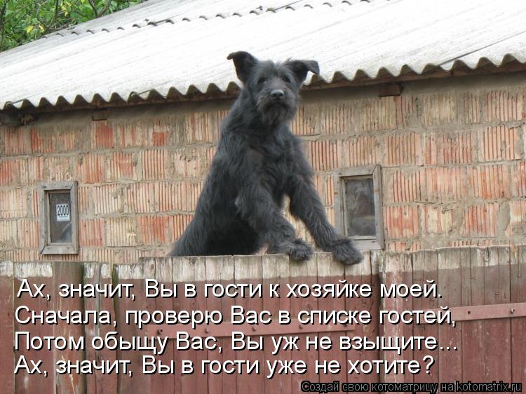 Ах, значит, Вы в гости к хозяйке моей. Сначала, проверю Вас в списке гостей, Потом обыщу Вас, Вы уж н... Котоматрица: Ах, значит, Вы в гости к хозяйке моей. Сначала, проверю Вас в списке гостей, Потом обыщу Вас, Вы уж не взыщите... Ах, значит, Вы в гости уже не хот
