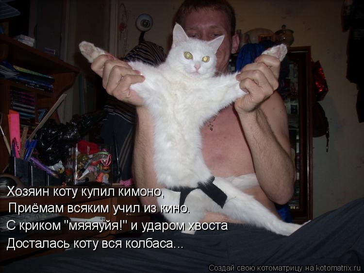 Хозяин коту купил кимоно, Приёмам всяким учил из кино. С криком "мяяяуйя!" и ударом хвоста Досталась ... Котоматрица: Хозяин коту купил кимоно, Приёмам всяким учил из кино. С криком "мяяяуйя!" и ударом хвоста Досталась коту вся колбаса...