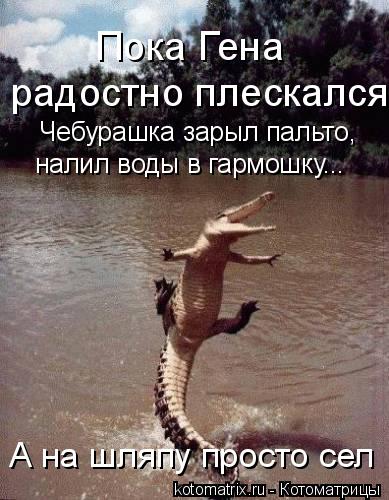 Котоматрица: Пока Гена  радостно плескался Чебурашка зарыл пальто, налил воды в гармошку... А на шляпу просто сел