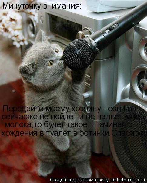 Котоматрица: Минуточку внимания: Передайте моему хозяину - если он  сейчасже не пойдёт и не нальёт мне  молока,то будет такое...Начиная с  хождения в туале