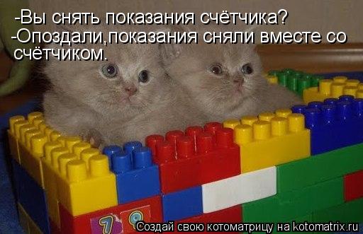 Котоматрица: -Вы снять показания счётчика? -Опоздали,показания сняли вместе со  счётчиком.