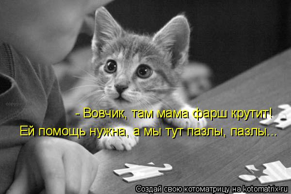 - Вовчик, там мама фарш крутит! Ей помощь нужна, а мы тут пазлы, пазлы...... Котоматрица: - Вовчик, там мама фарш крутит! Ей помощь нужна, а мы тут пазлы, пазлы...
