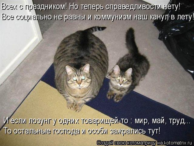 Котоматрица: Все социально не равны и коммунизм наш канул в лету! Всех с праздником! Но теперь справедливости нету! И если лозунг у одних товарищей-то : ми