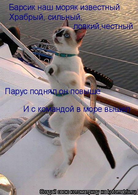 Барсик наш моряк известный Храбрый, сильный, ловкий,честный Парус поднял он повыше И с командой в мор... Котоматрица: Барсик наш моряк известный Храбрый, сильный, ловкий,честный Парус поднял он повыше И с командой в море вышел
