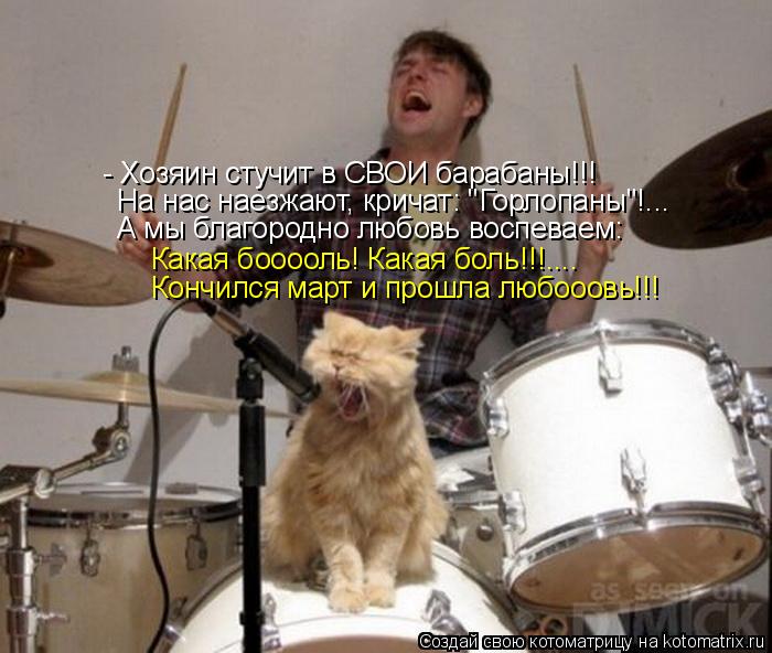 Котоматрица: - Хозяин стучит в СВОИ барабаны!!! На нас наезжают, кричат: "Горлопаны"!... А мы благородно любовь воспеваем: Какая бооооль! Какая боль!!!.... Кончи