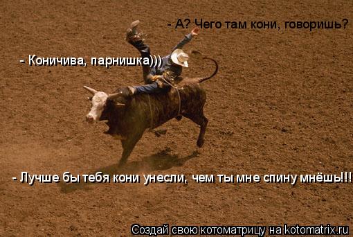 - Коничива, парнишка))) - А? Чего там кони, говоришь? - Лучше бы тебя кони унесли, чем ты мне спину... Котоматрица: - Коничива, парнишка))) - А? Чего там кони, говоришь? - Лучше бы тебя кони унесли, чем ты мне спину мнёшь!!!