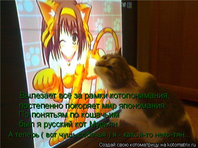 Вылезает всё за рамки котопонимания, постепенно покоряет мир япономания. По понятьям по кошачьим был... Котоматрица: Вылезает всё за рамки котопонимания, постепенно покоряет мир япономания. По понятьям по кошачьим был я русский кот Мурьян. А теперь ( вот чу