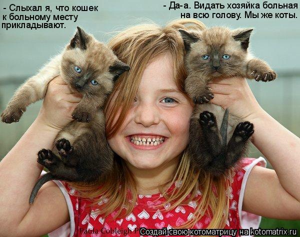 - Слыхал я, что кошек к больному месту прикладывают. - Да-а. Видать хозяйка больная на всю голову. Мы... Котоматрица: - Слыхал я, что кошек к больному месту прикладывают. - Да-а. Видать хозяйка больная на всю голову. Мы же коты.