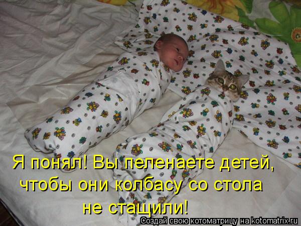 Я понял! Вы пеленаете детей, чтобы они колбасу со стола не стащили!... Котоматрица: Я понял! Вы пеленаете детей, чтобы они колбасу со стола не стащили!