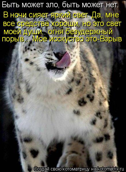 Быть может зло, быть может нет. В ночи сияет яркий свет. Да, мне все средства хороши, но это свет мо... Котоматрица: Быть может зло, быть может нет. В ночи сияет яркий свет. Да, мне все средства хороши, но это свет моей души. огня безудержный порыв... Мое исск