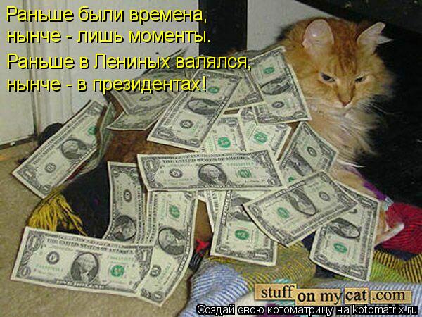 Котоматрица: Раньше были времена,  нынче - лишь моменты. Раньше в Лениных валялся,  нынче - в президентах!