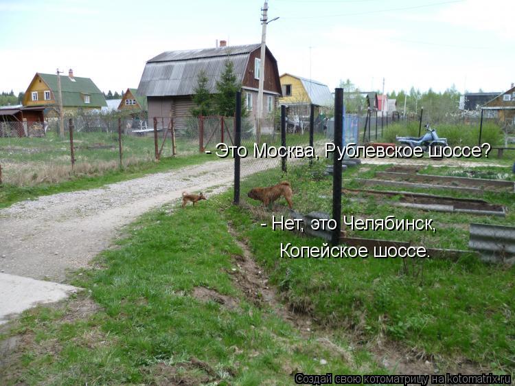 - Это Москва, Рублевское шоссе? - Нет, это Челябинск, Копейское шоссе.... Котоматрица: - Это Москва, Рублевское шоссе? - Нет, это Челябинск, Копейское шоссе.