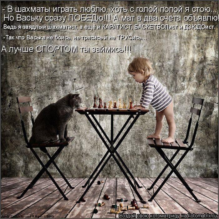 Котоматрица: - В шахматы играть люблю, хоть с голой попой я стою...  Но Ваську сразу ПОБЕДю!!! А мат в два счёта объявлю!   Ведь я заядлый шахматист, а ещё и КАР