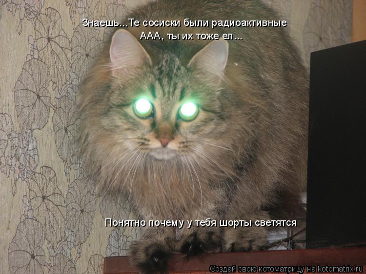Котоматрица: Знаешь...Те сосиски были радиоактивные ААА, ты их тоже ел... Понятно почему у тебя шорты светятся
