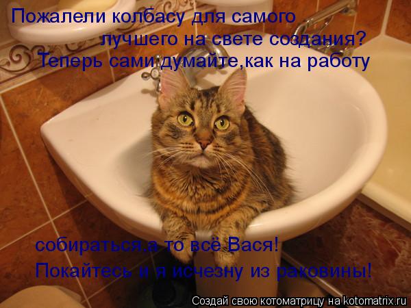 Пожалели колбасу для самого лучшего на свете создания? Теперь сами думайте,как на работу собираться,а... Котоматрица: Пожалели колбасу для самого лучшего на свете создания? Теперь сами думайте,как на работу собираться,а то всё Вася! Покайтесь и я исчезну из